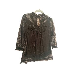 Joyfolie Black Lace Gem Blouse Size Medium